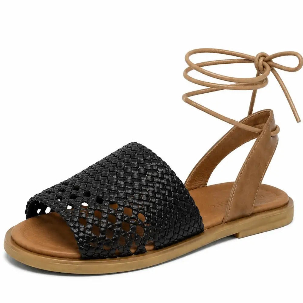 Leather Woven Lace Up Flat Sandals