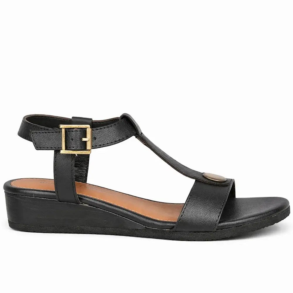 Women's Leather T-Bar Strap Sandal with Buckle Fastening and Cushioned Sole