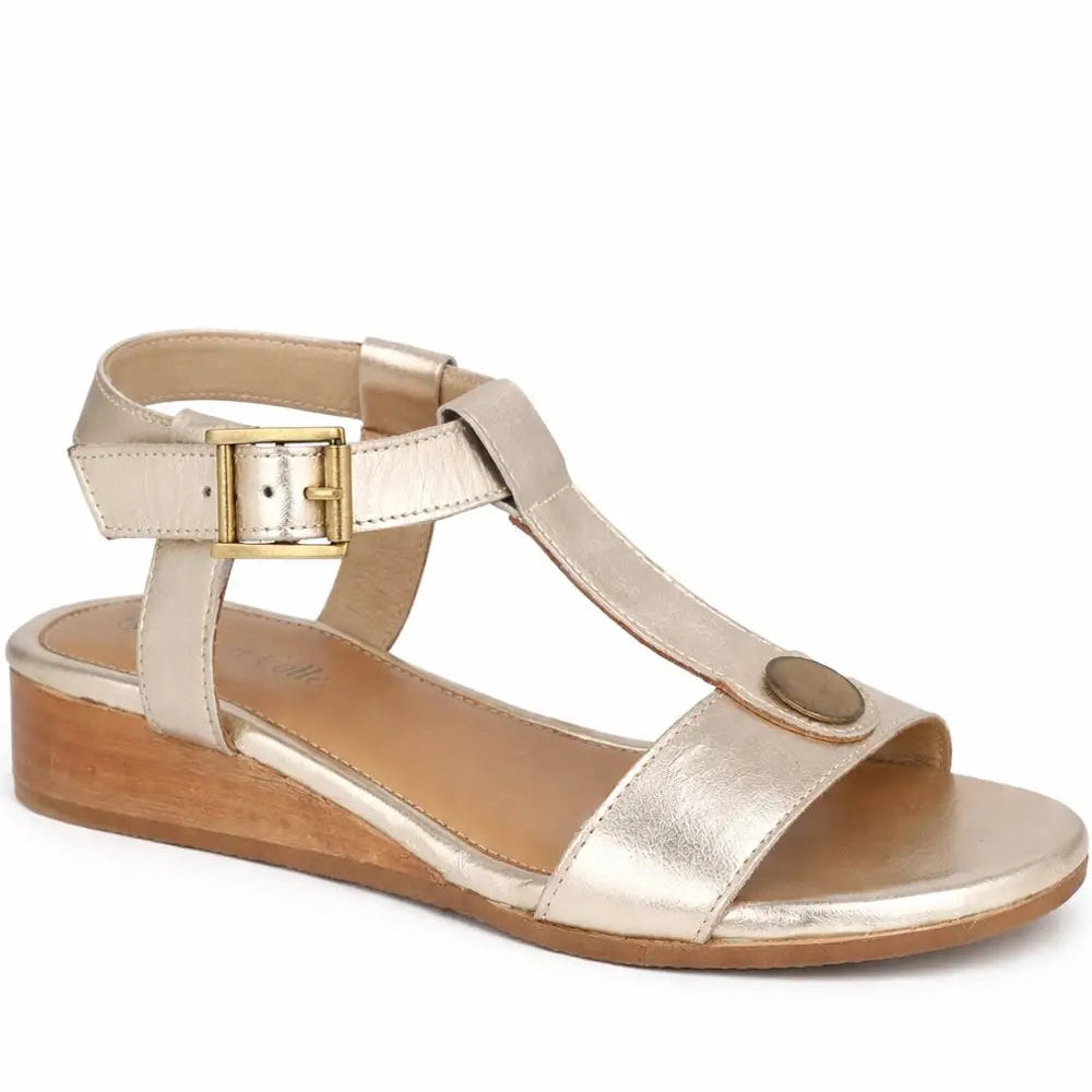 Women's Leather T-Bar Strap Sandal with Buckle Fastening and Cushioned Sole