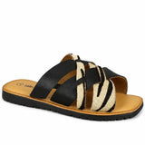 Women's Leather Cross Strap Mule Sandals with Zebra Print Detail