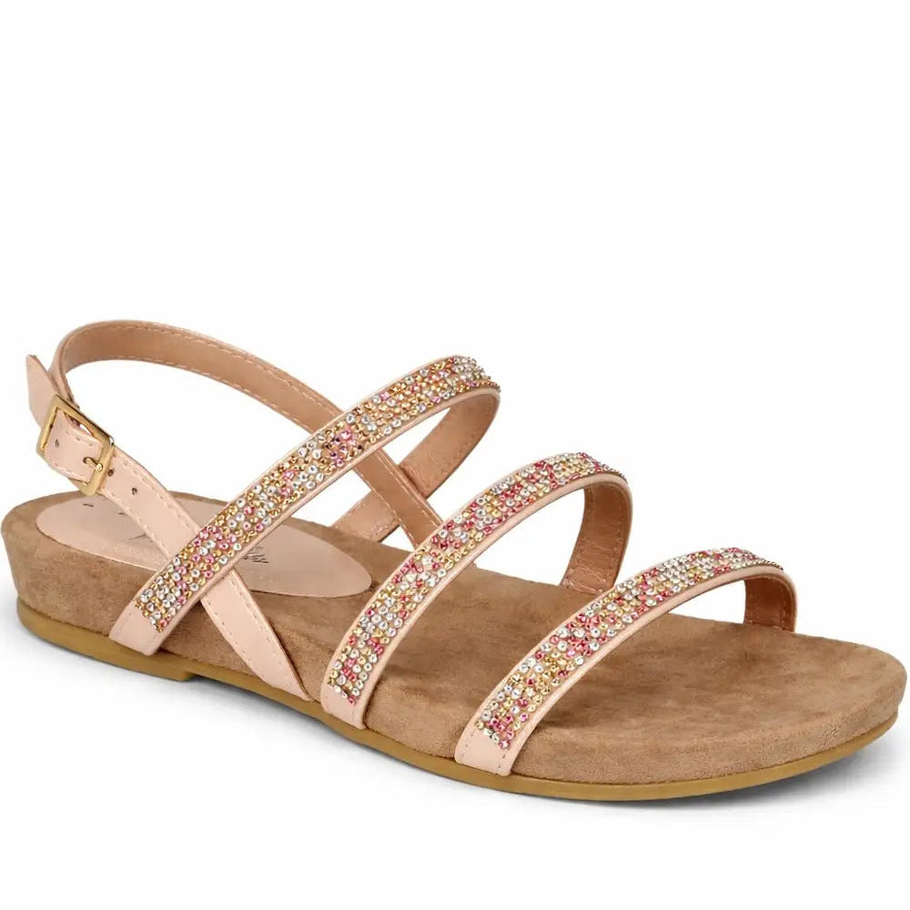 Women's Diamante Multi Strap Flat Sandal with Buckle Fastening