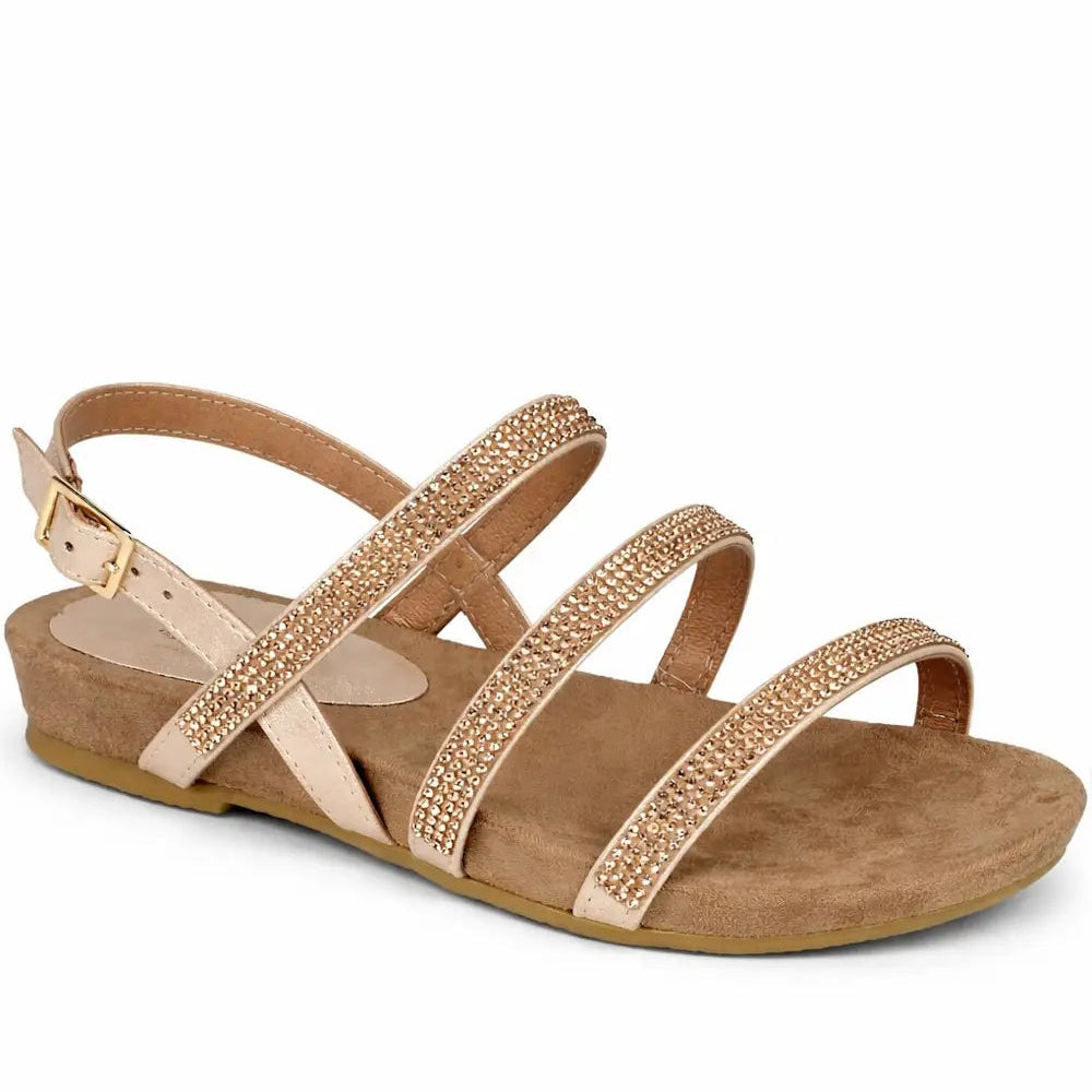 Women's Diamante Multi Strap Flat Sandal with Buckle Fastening