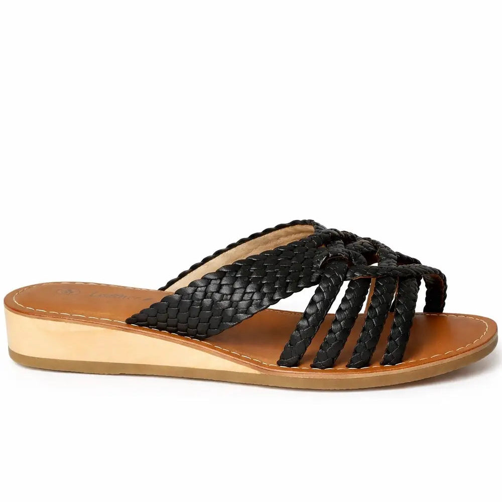 Women's Leather Woven Strap Low Wedge Sandals