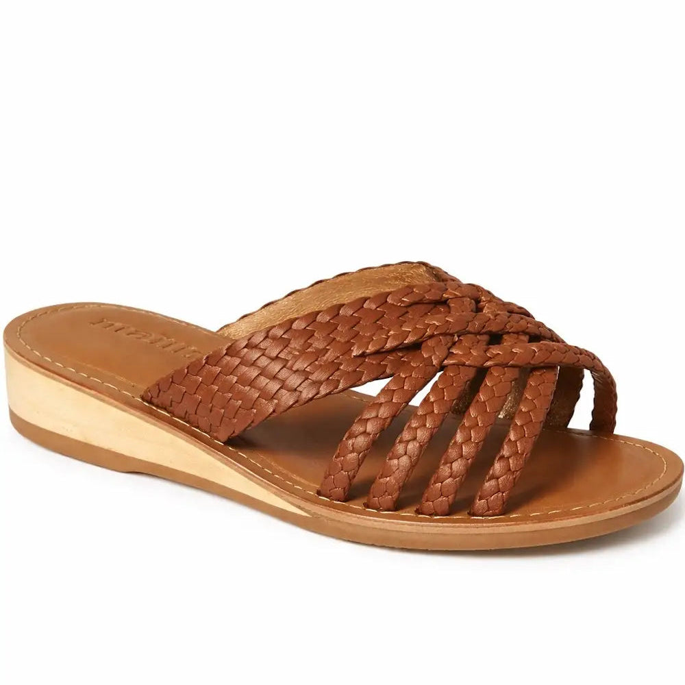 Leather Woven Strap Low Wedge Sandals