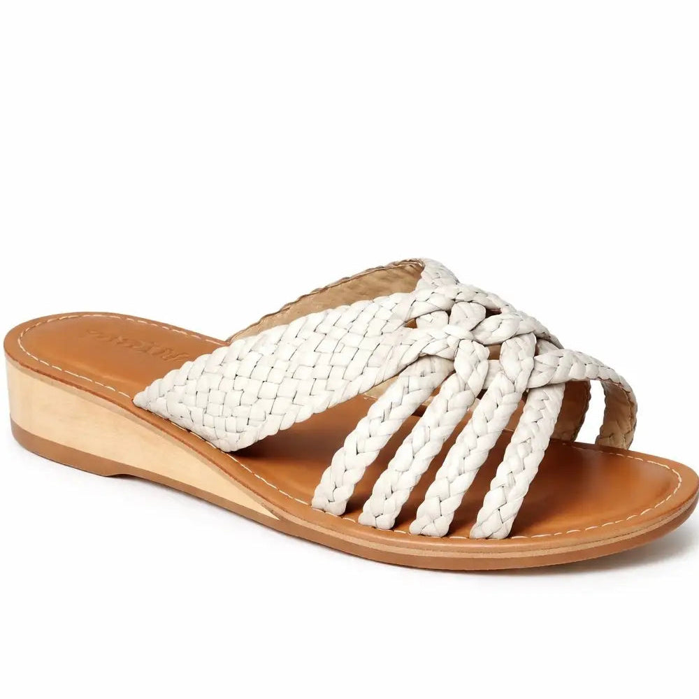 Women's Leather Woven Strap Low Wedge Sandals