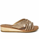 Women's Leather Woven Multi Strap Low Wedge Sandals