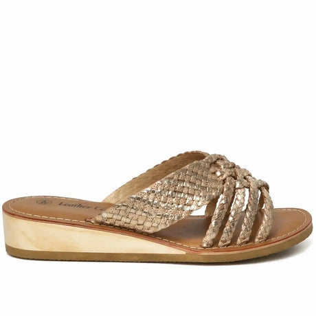 Women's Leather Woven Multi Strap Low Wedge Sandals